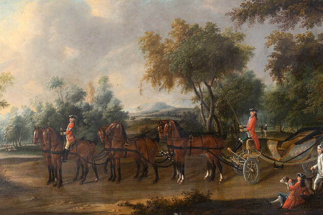 Spřežení rodu Trauttmannsdorfů s vozataji v livrejích, z rohu v bílé livreji posel – laufer, olej na plátně, polovina 18.století, SZ Horšovský Týn